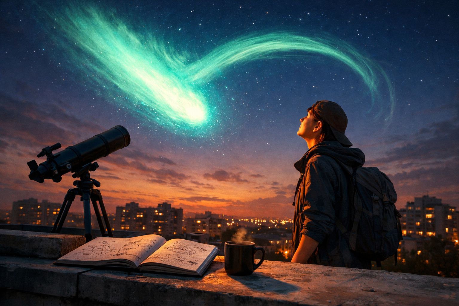 Pessoa observa céu com cometa brilhante, telescópio, livro de astronomia e chá num terraço ao pôr do sol.