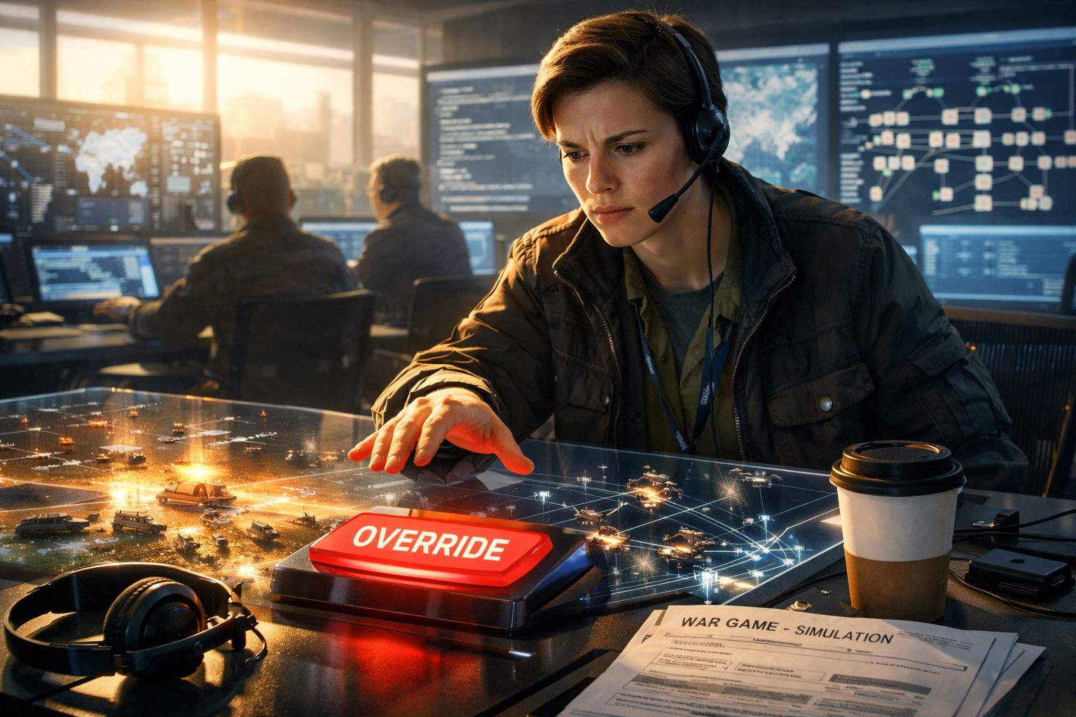 Mulher com headset pressiona botão vermelho "override" numa sala de controlo com mapas digitais e monitores.