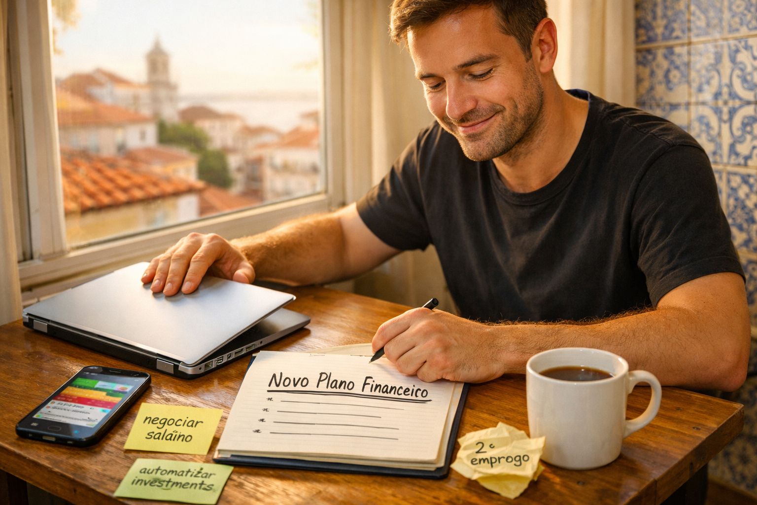 Homem a elaborar um novo plano financeiro num caderno, sentado numa mesa junto a uma janela iluminada.