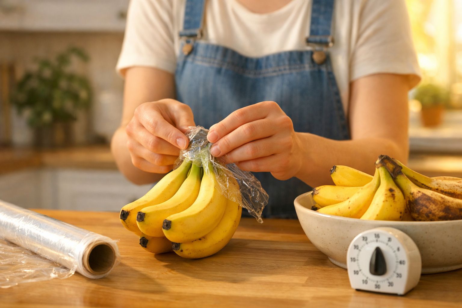 Pessoa a embrulhar cachos de bananas com película aderente numa cozinha.