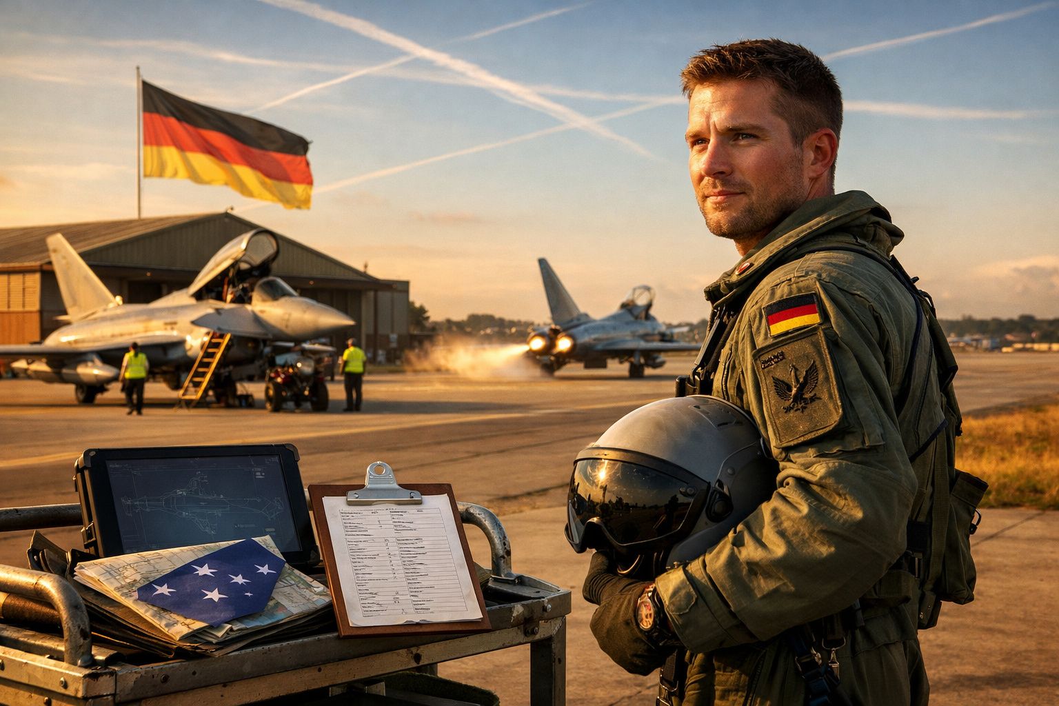 Piloto militar alemão com capacete na mão junto a jatos de guerra numa pista ao pôr do sol, com bandeira da Alemanha.