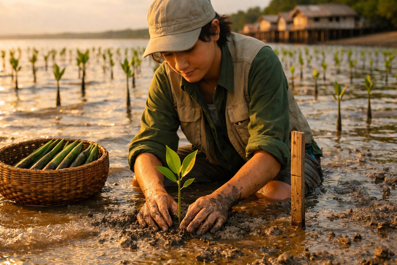 Pessoa a plantar uma muda numa área alagada, com várias plantas jovens e um cesto com estacas ao lado.