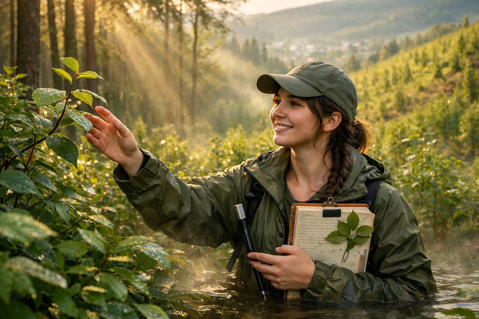 Mulher sorridente com roupa de caminhada estuda plantas numa floresta iluminada pelo sol da manhã.