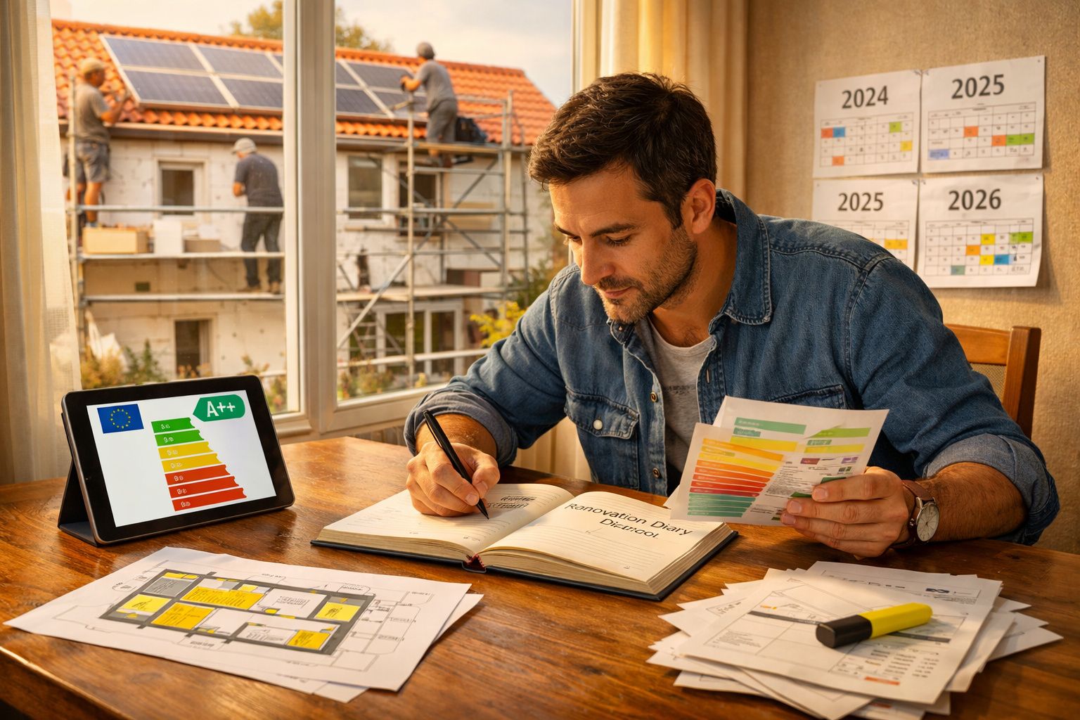 Homem a analisar documentos e planos de eficiência energética enquanto trabalhadores instalam painéis solares.