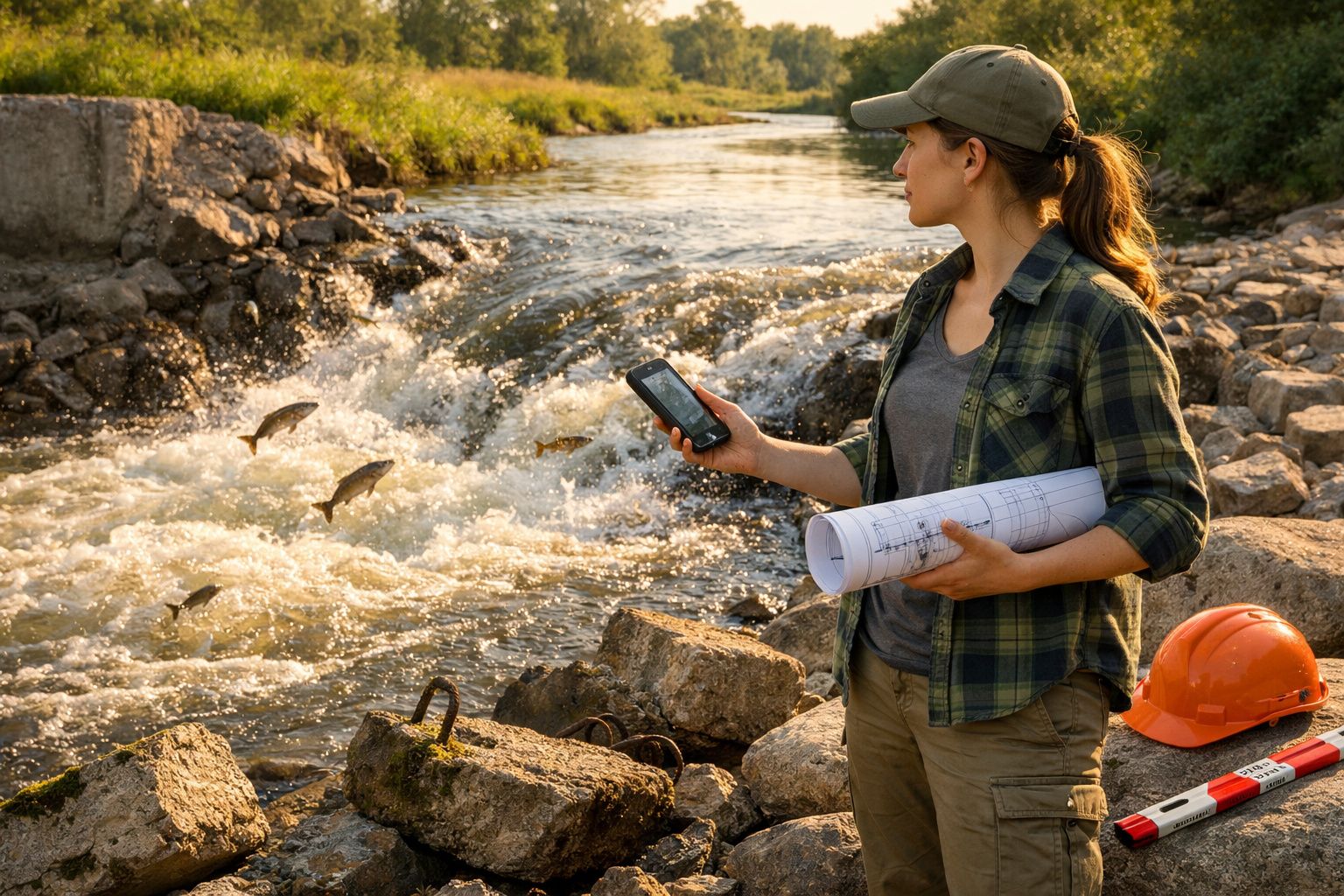 Mulher de capacete e roupa casual observa peixes a saltar em rio com projetos na mão e telemóvel.
