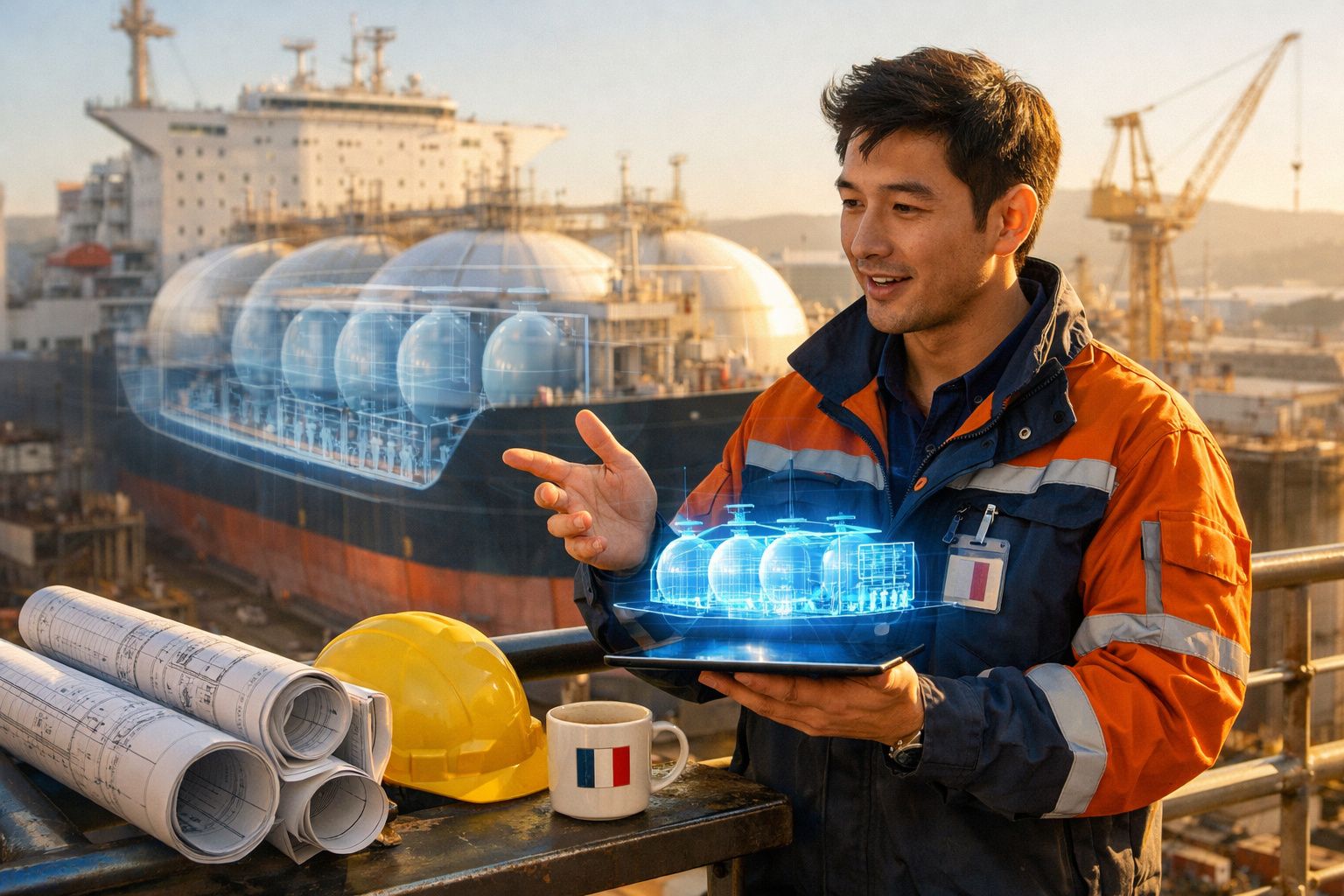 Engenheiro naval com tablet e modelo holográfico de navio de carga em estaleiro industrial.