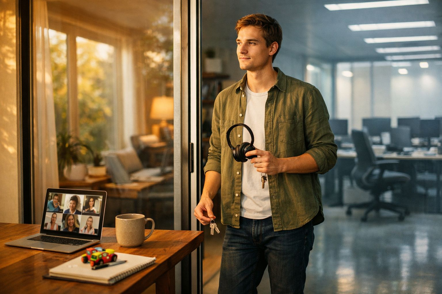 Homem jovem com auriculares e chaves ao lado de uma mesa com laptop em videoconferência e caneca.