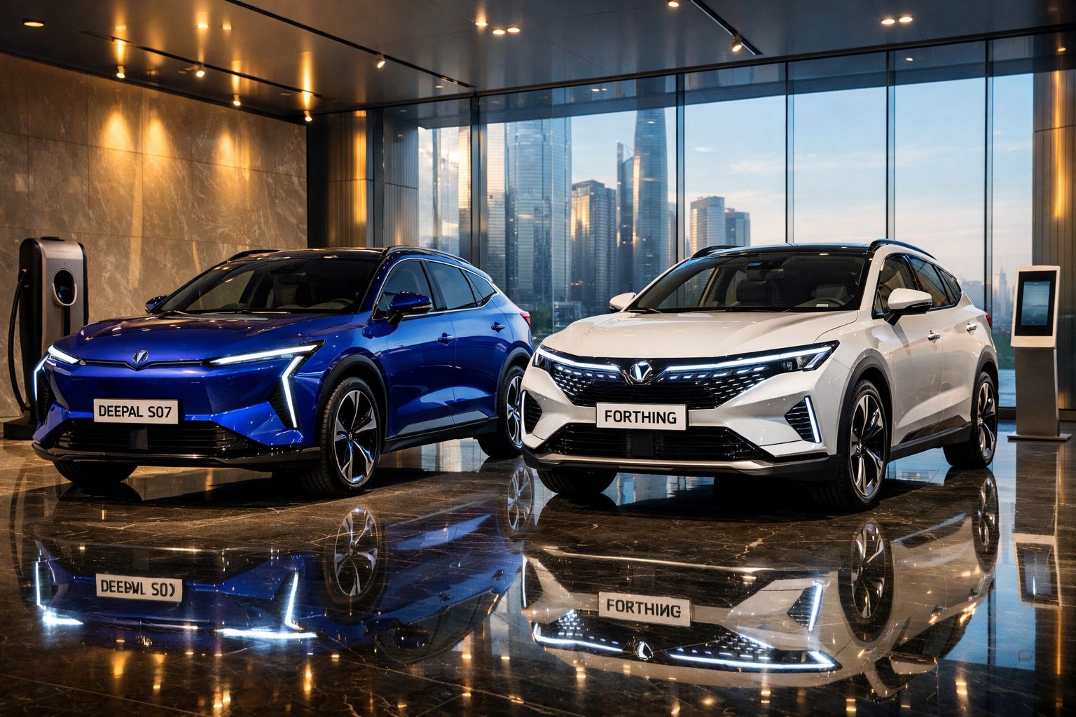 Dois carros elétricos modernos, azul e branco, expostos num showroom com parede de vidro e vista urbana.