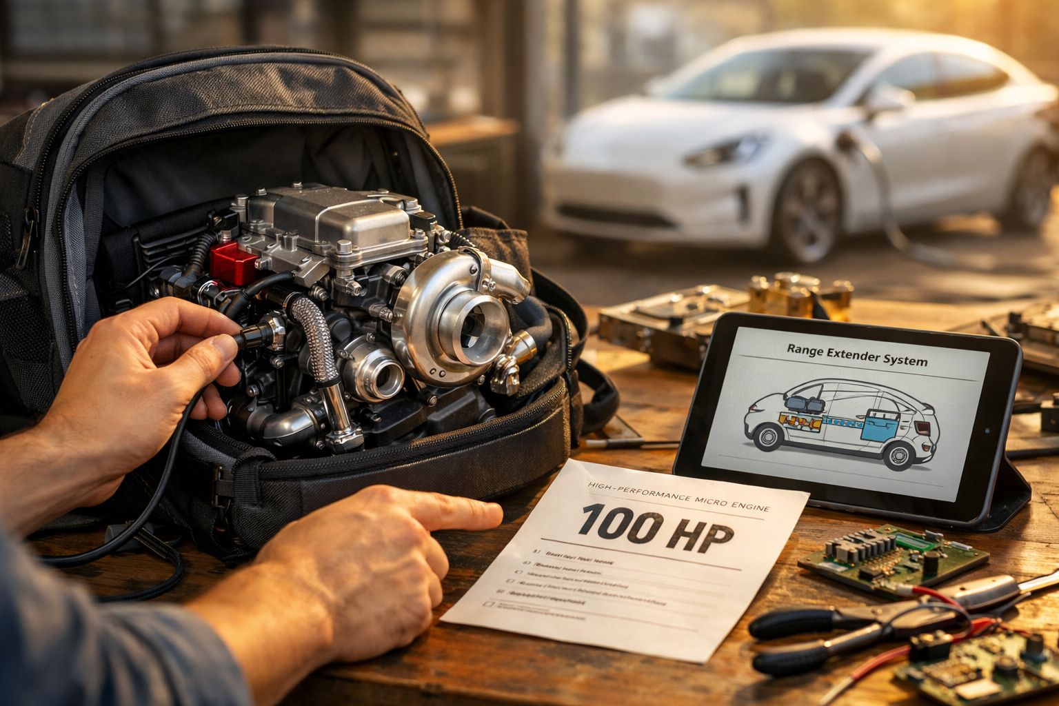 Motor micro de alta performance de 100 HP dentro de uma mochila com esquema de sistema elétrico de carro numa tablet.