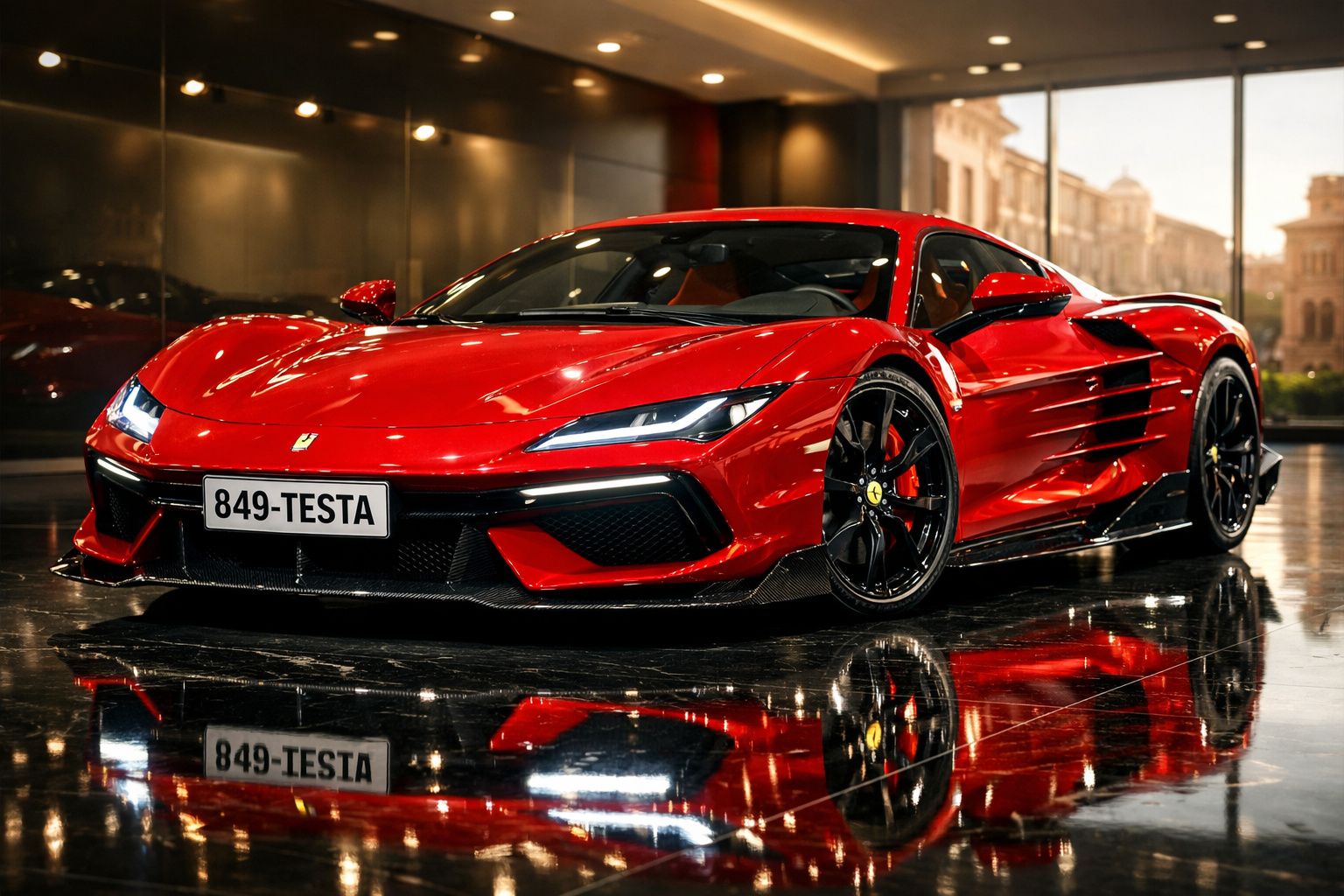 Carro desportivo vermelho Ferrari 849-TESTA estacionado em piso reflexivo num interior moderno.