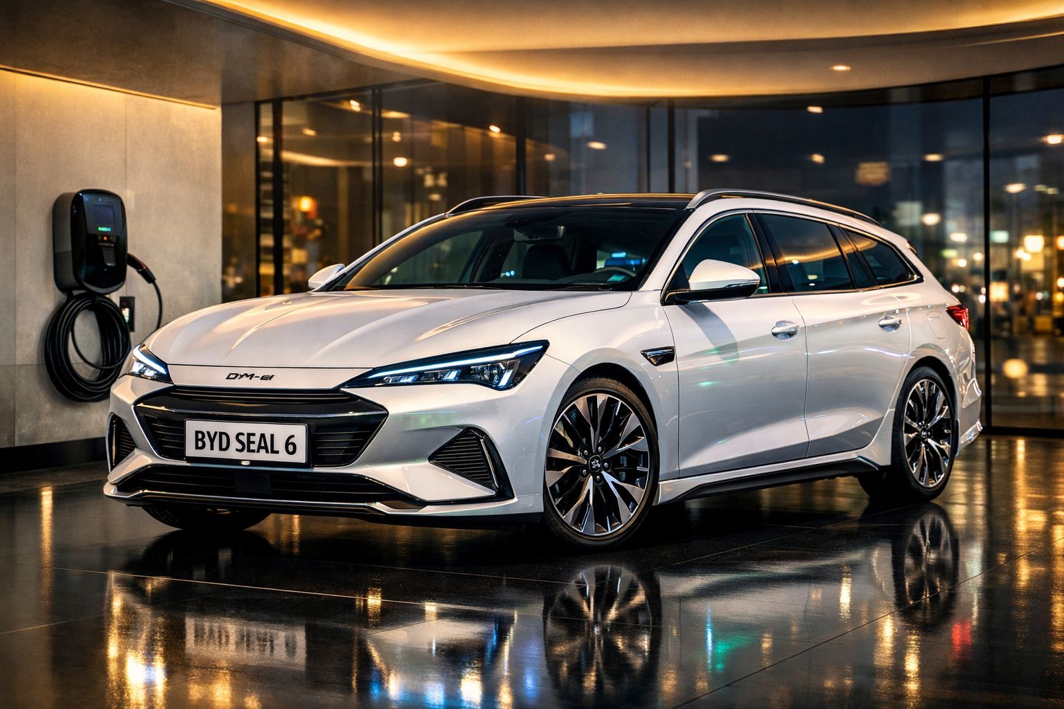 Automóvel elétrico branco BYD Seal 6 estacionado junto a ponto de carregamento num ambiente moderno.