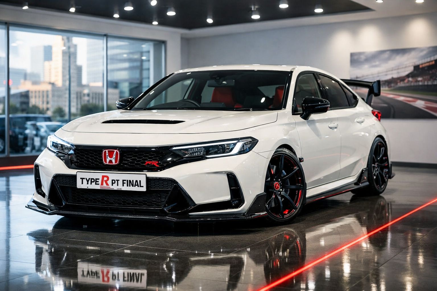 Carro desportivo Honda Type R branco com detalhes em preto e vermelho, estacionado em interior moderno.