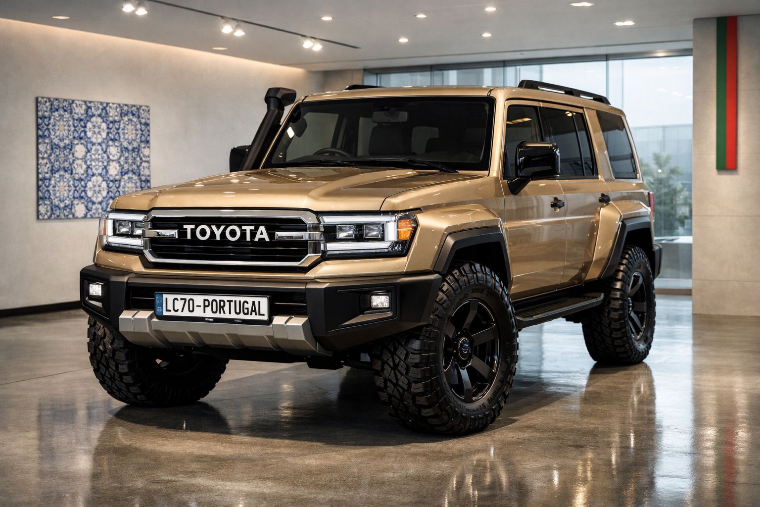 Veículo Toyota Land Cruiser 70 castanho em exposição numa sala moderna com piso em betão polido.