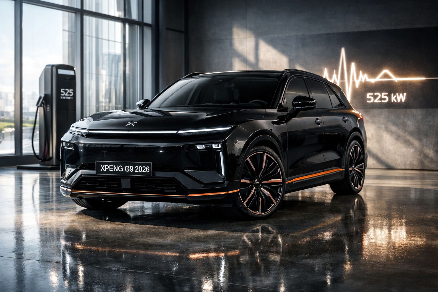 Carro elétrico preto XPeng G9 2026 estacionado em garagem industrial com carregador e indicador de 525 kW.