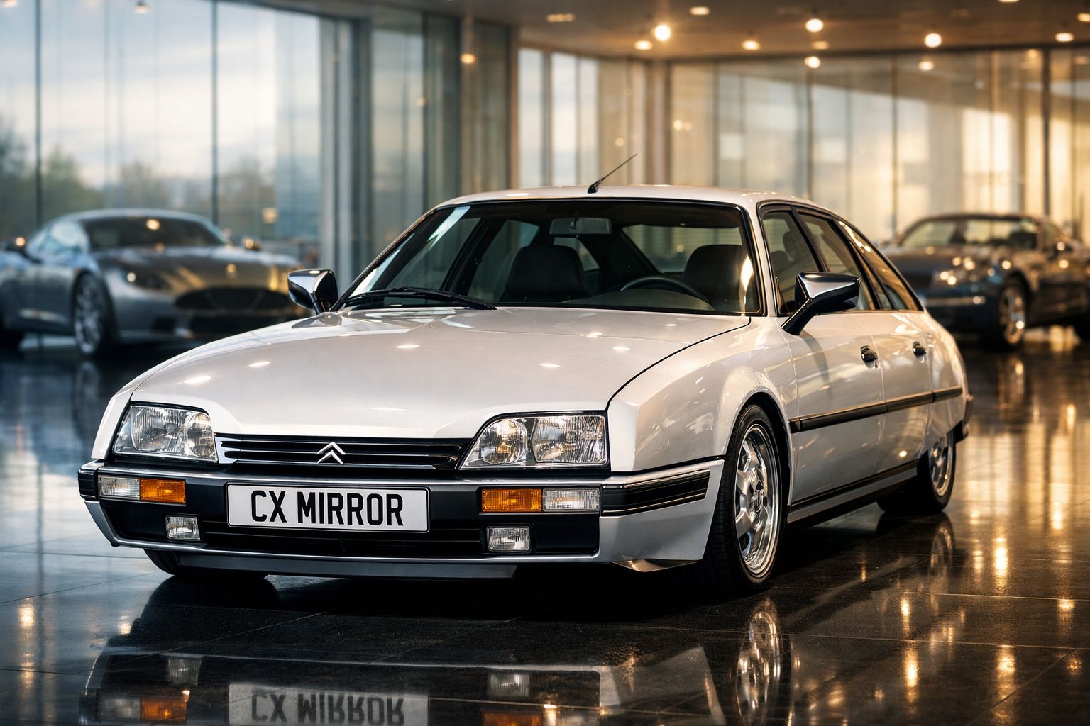 Carro Citroën CX branco clássico estacionado em piso refletor numa garagem com outros carros ao fundo.