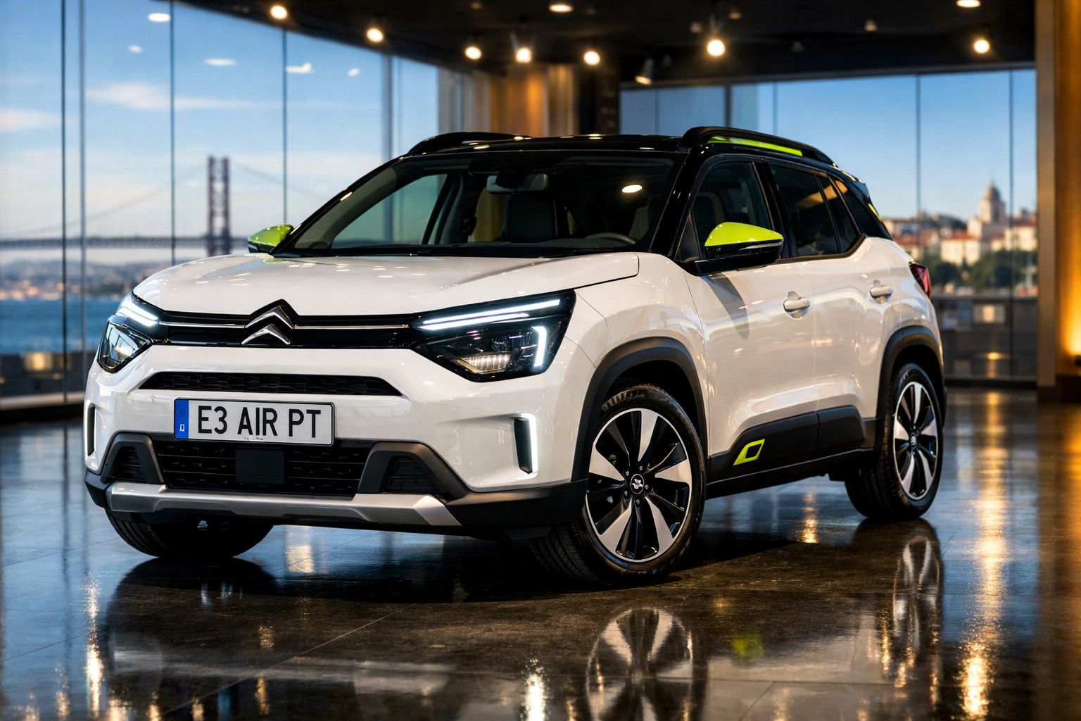 SUV Citroën branco com detalhes verdes, estacionado num espaço interior com vista para uma ponte.