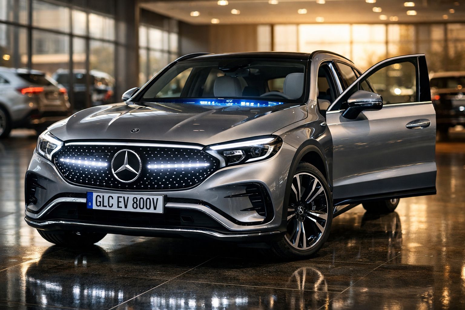 Carro elétrico Mercedes-Benz GLC prata com porta dianteira direita aberta em showroom iluminado.