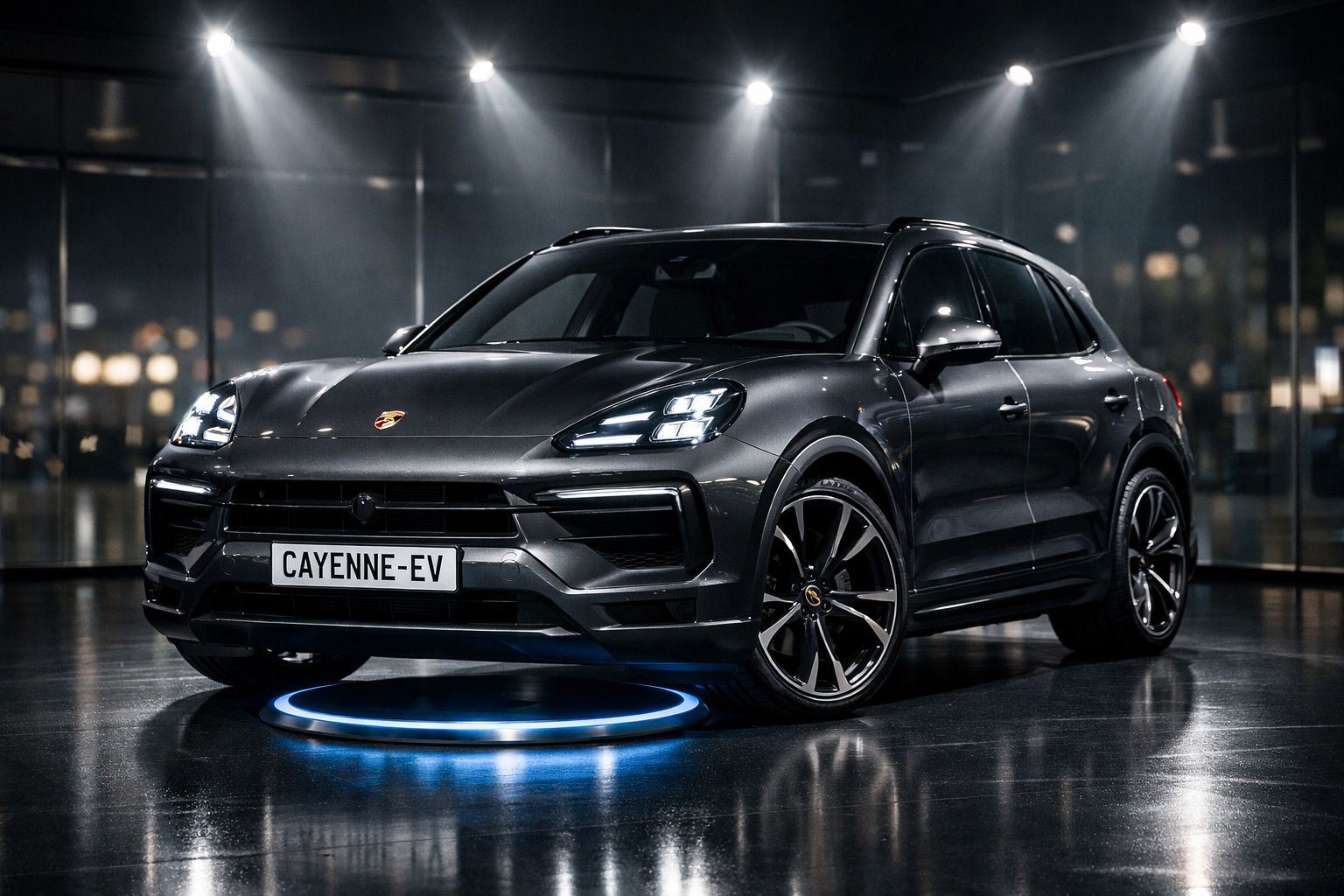 Carro elétrico Porsche Cayenne-EV cinza escuro em estúdio com iluminação ambiente futurista.