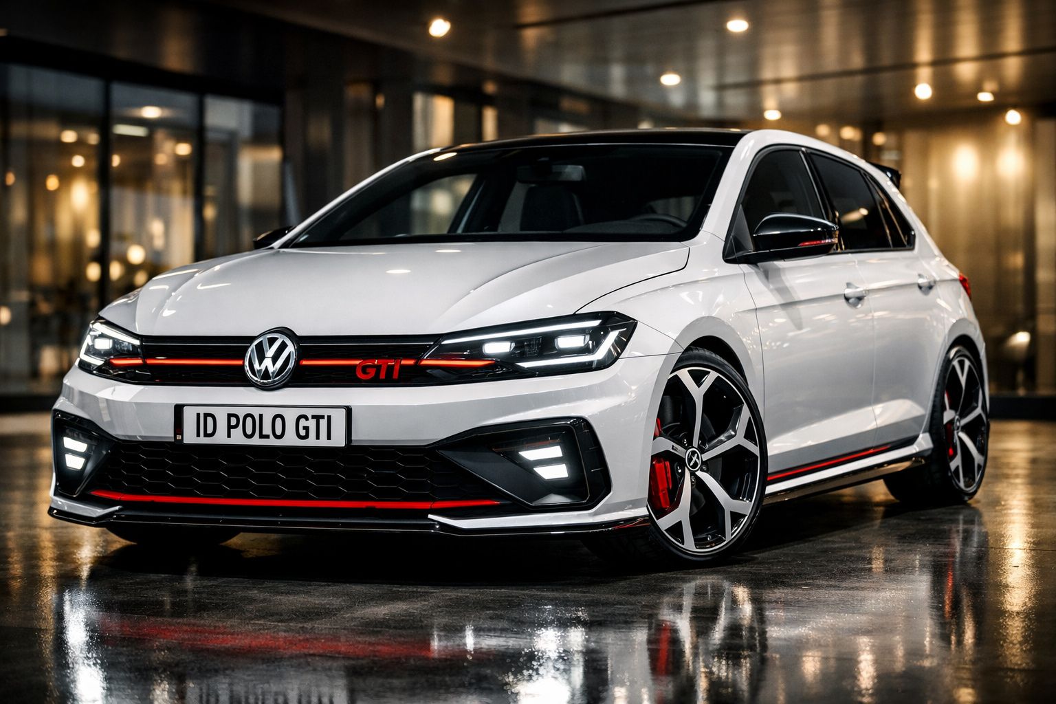 Carro Volkswagen ID Polo GTI branco com detalhes vermelhos, estacionado em ambiente urbano noturno.