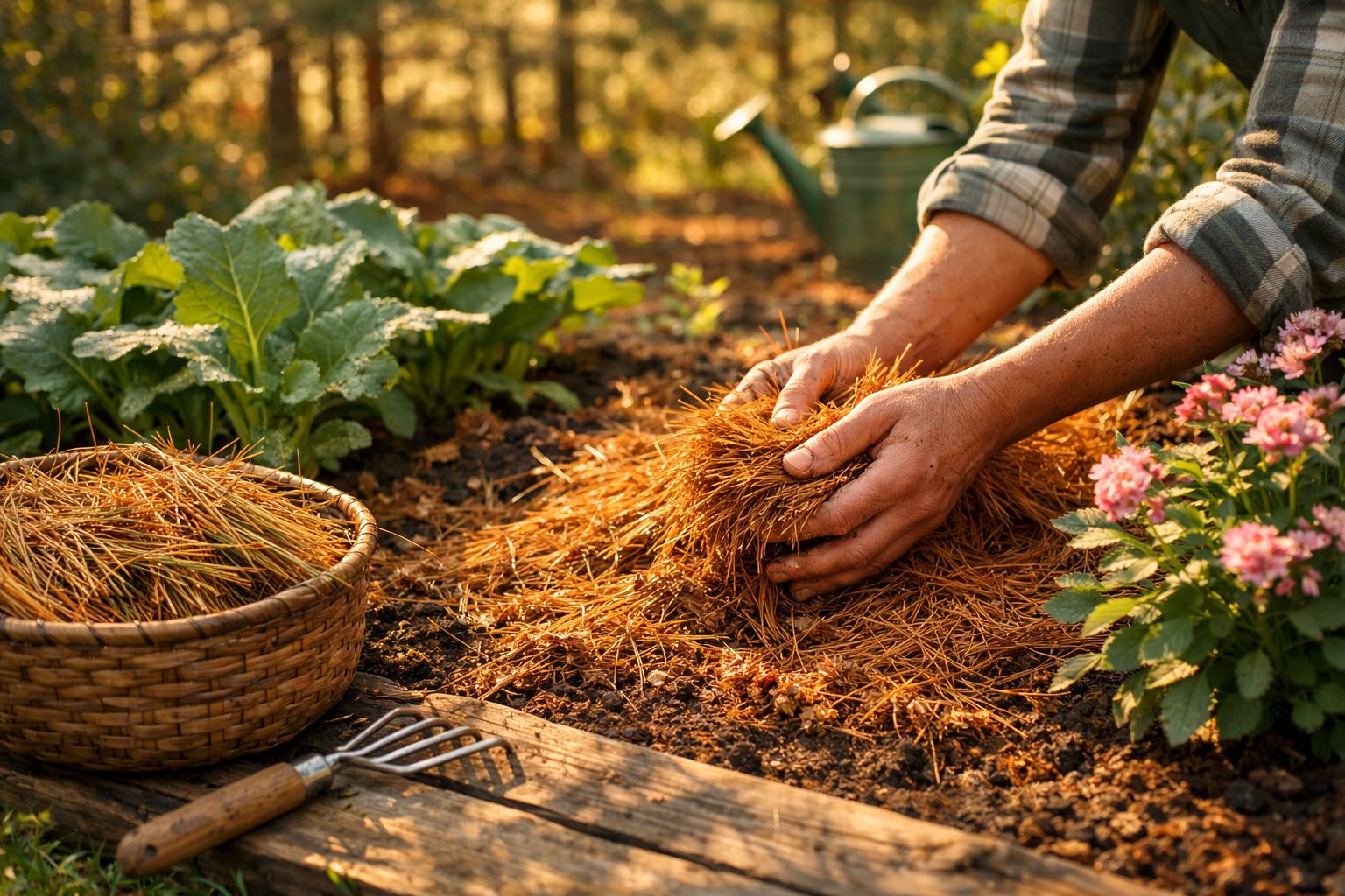 Mãos a distribuir palha no solo do jardim junto a plantas verdes e flores cor-de-rosa.