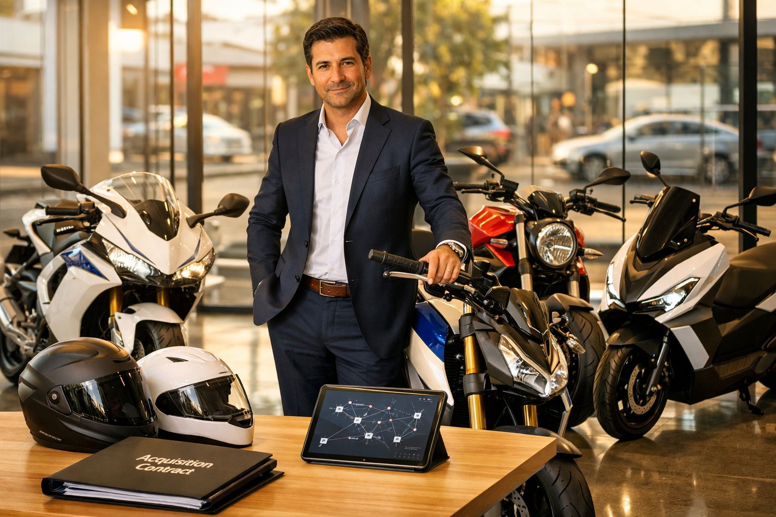 Homem de fato azul numa loja de motos, com capacetes, tablet e documentos sobre mesa à sua frente.