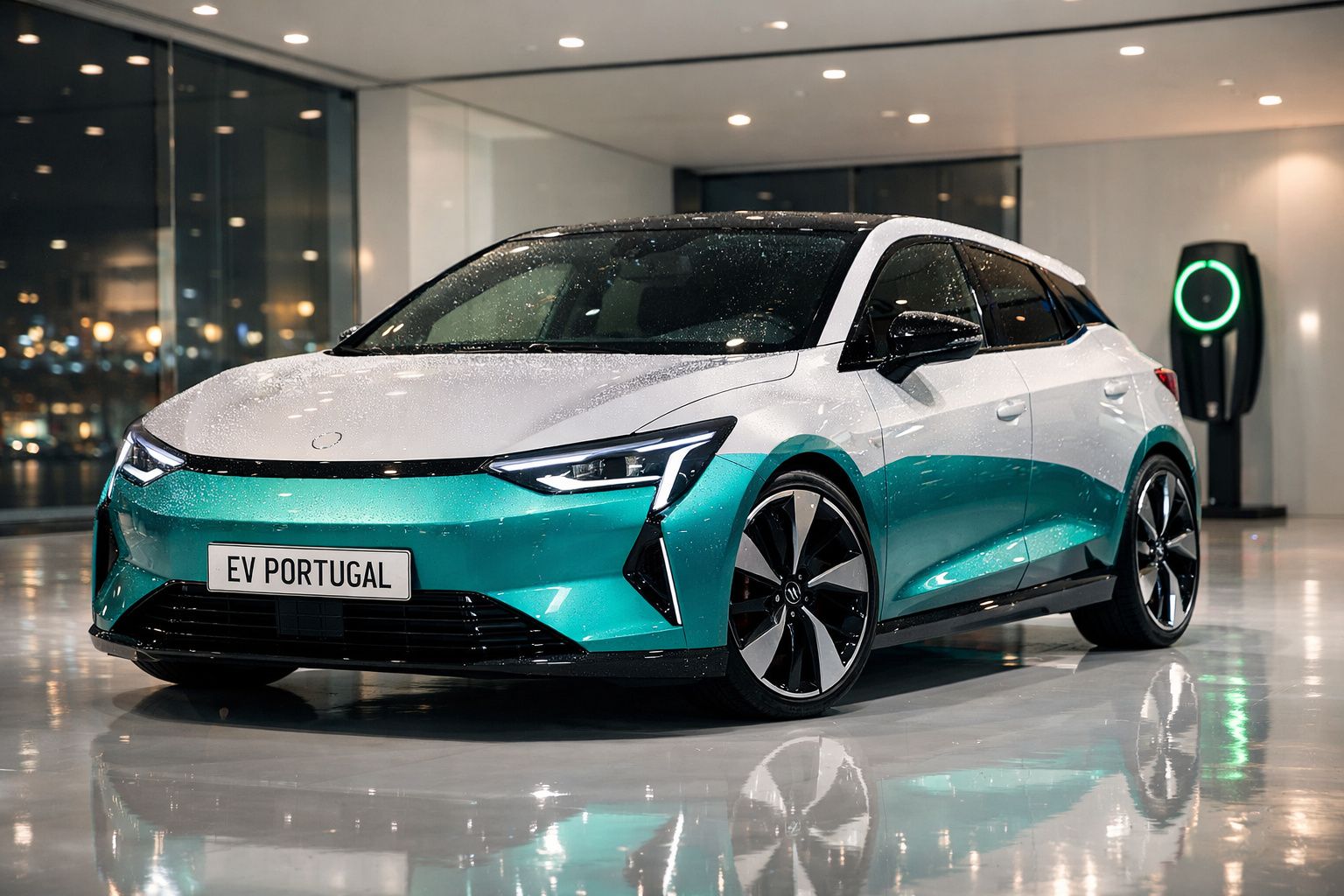 Carro elétrico moderno bicolor branco e verde num espaço fechado, com estação de carregamento ao fundo.