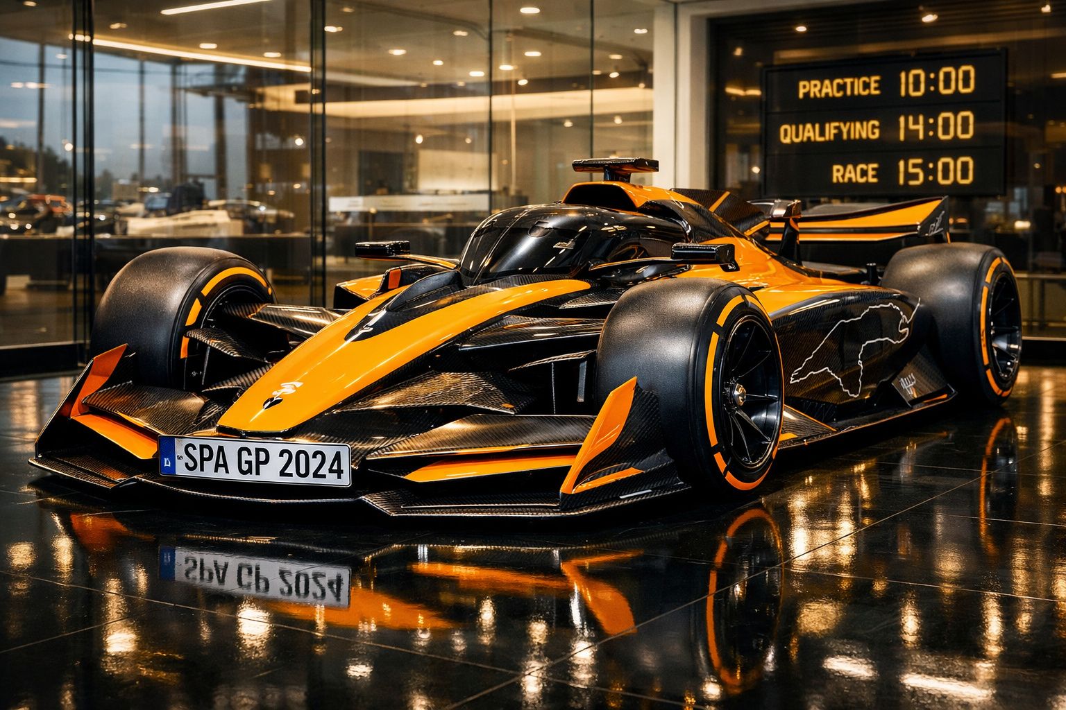 Carro de Fórmula 1 amarelo e preto num showroom com horário de treino, qualificação e corrida ao fundo.