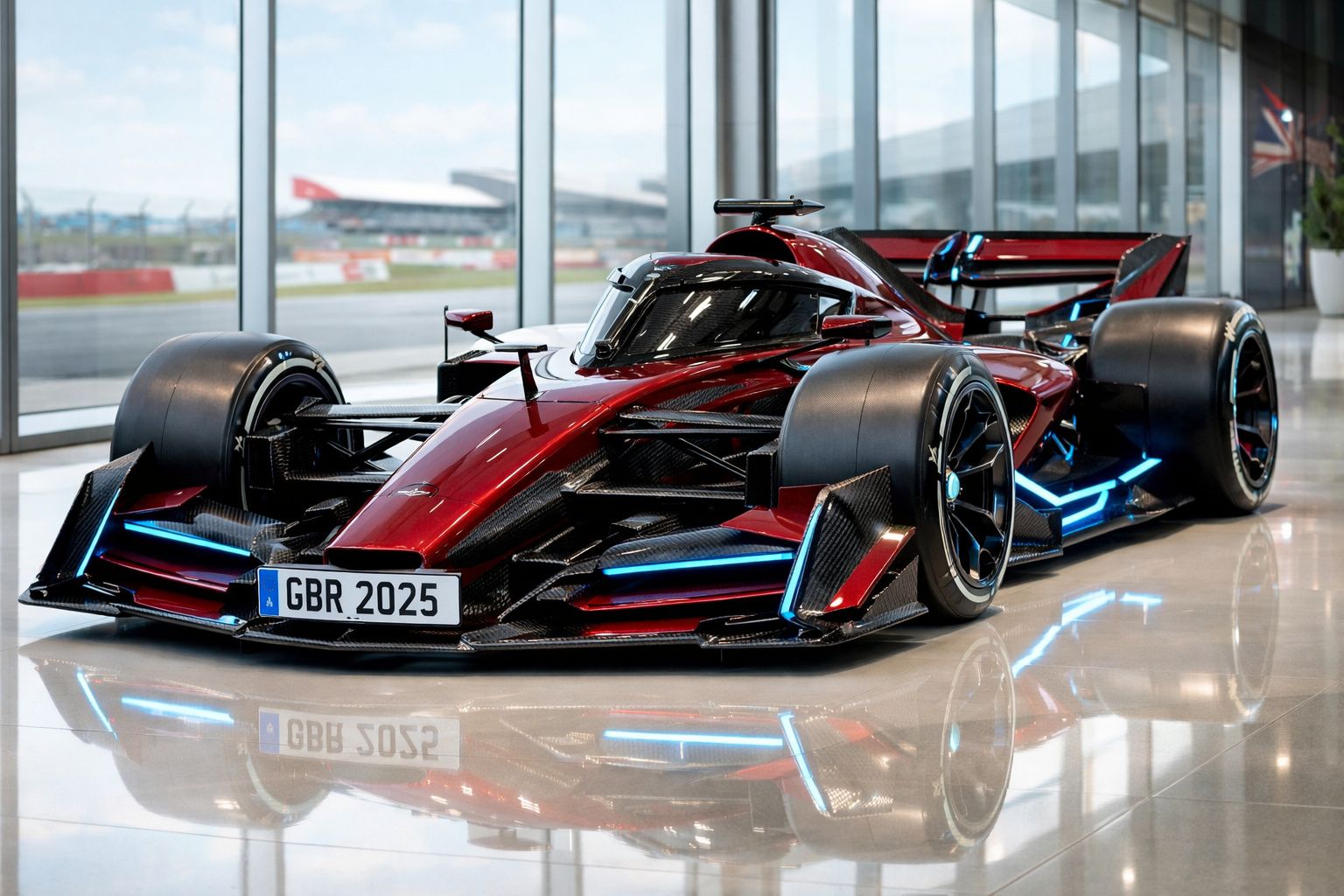 Carro de Fórmula 1 moderno vermelho com detalhes azuis, exibido em piso refletor com grande janela ao fundo.