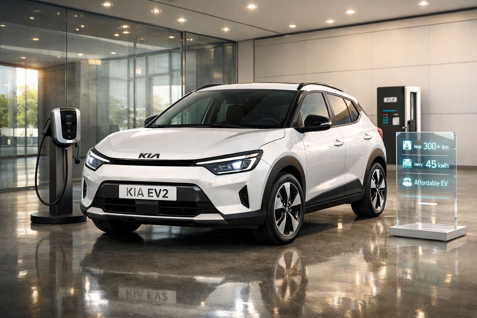 Carro elétrico branco Kia EV2 estacionado junto a um posto de carregamento numa garagem moderna.