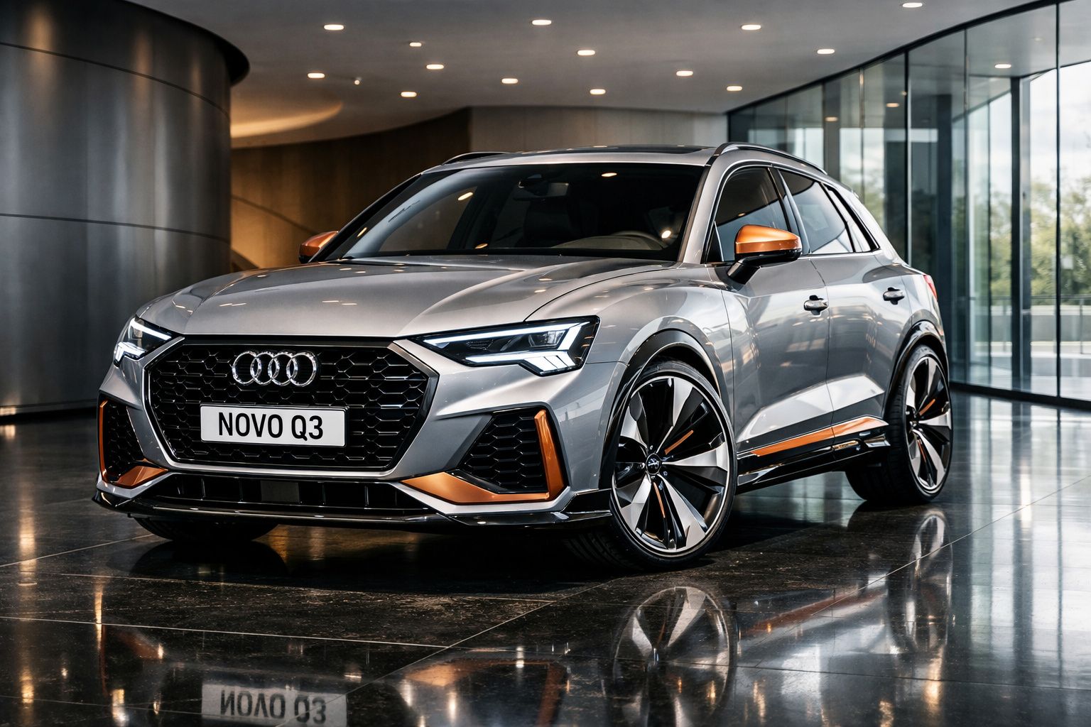 Carro Audi Q3 cinza com detalhes em laranja, estacionado em espaço moderno e iluminado.