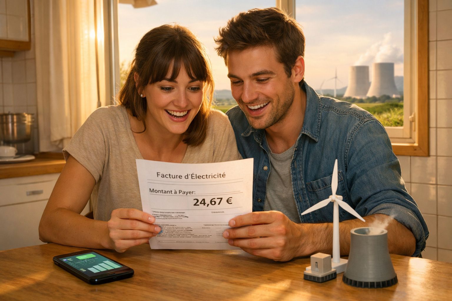 Casal sorridente a analisar fatura de eletricidade com valor reduzido e modelo de turbina eólica na mesa.