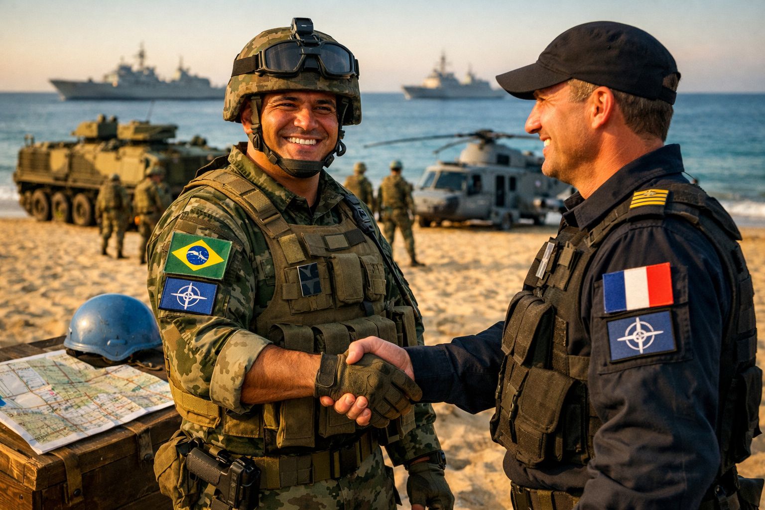 Dois militares, um brasileiro e um francês, apertam as mãos numa praia com veículos e navios ao fundo.