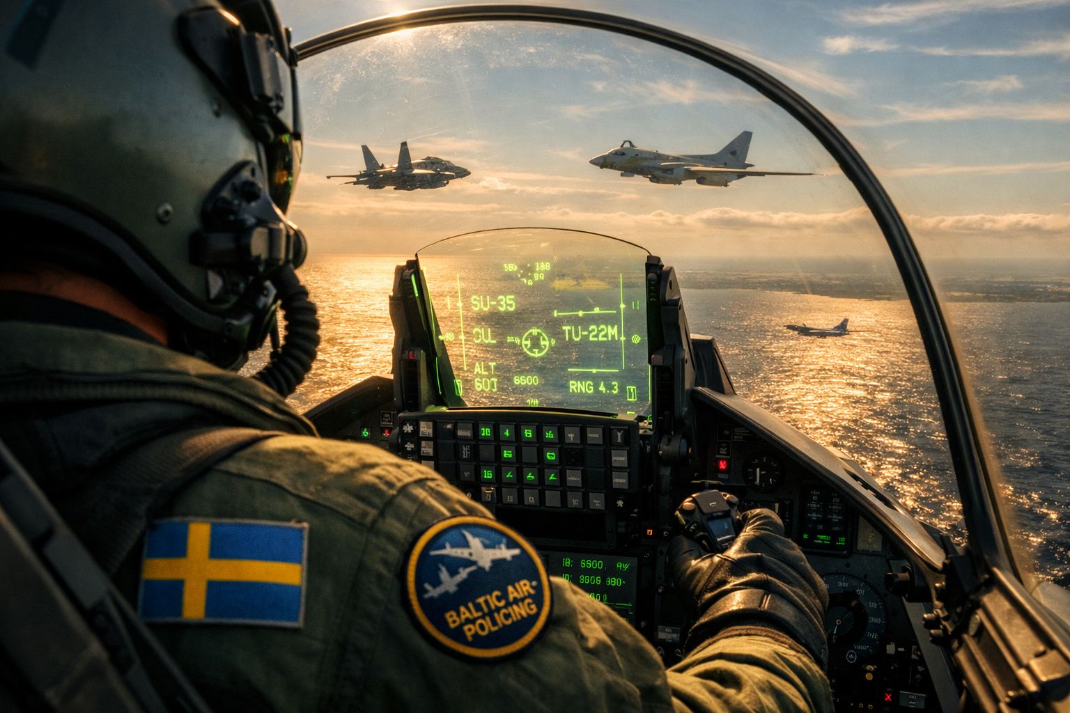 Vista de dentro de um caça com piloto sueco, mostrando o painel e outros dois caças no céu ao pôr do sol.
