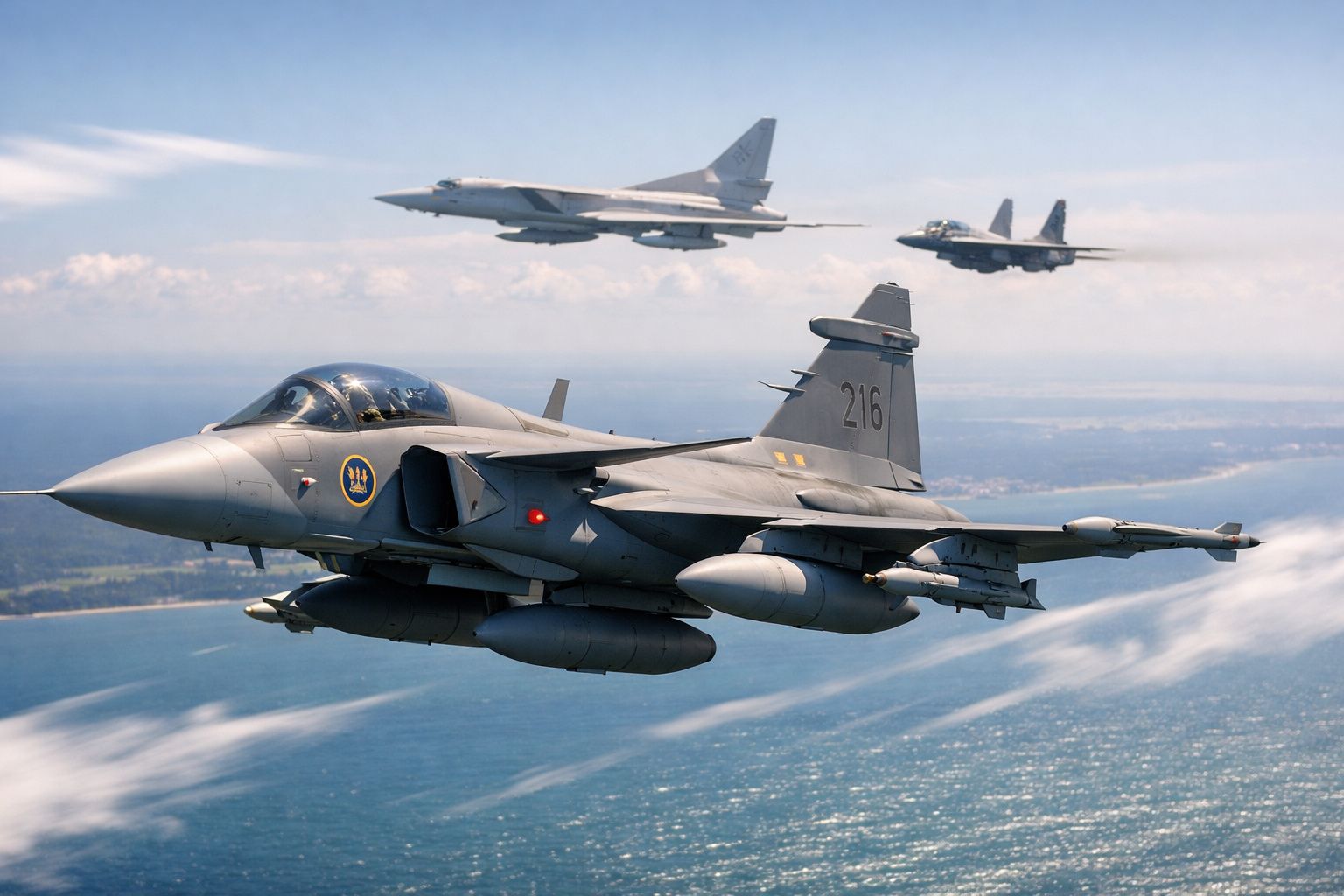 Três aviões de combate militares a voar em formação sobre o mar com céu parcialmente nublado.