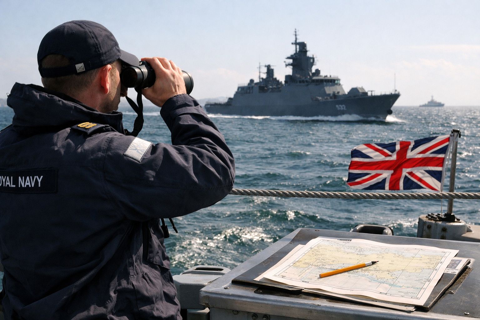 Marinheiro da marinha britânica observa navios militares com binóculos no mar ao lado de bandeira do Reino Unido.