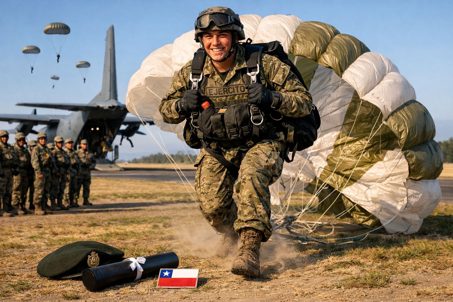 Soldado a aterrissar de paraquedas durante exercício militar com colegas e avião ao fundo.