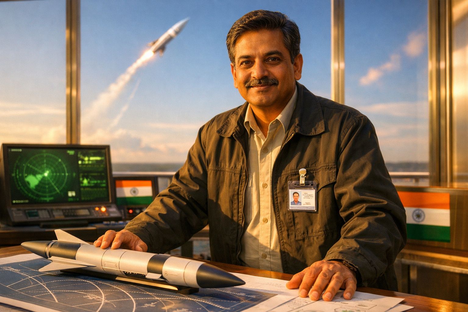 Homem sorridente com crachá posa com modelo de foguete em mesa, painel radar e lançamento de foguete ao fundo.