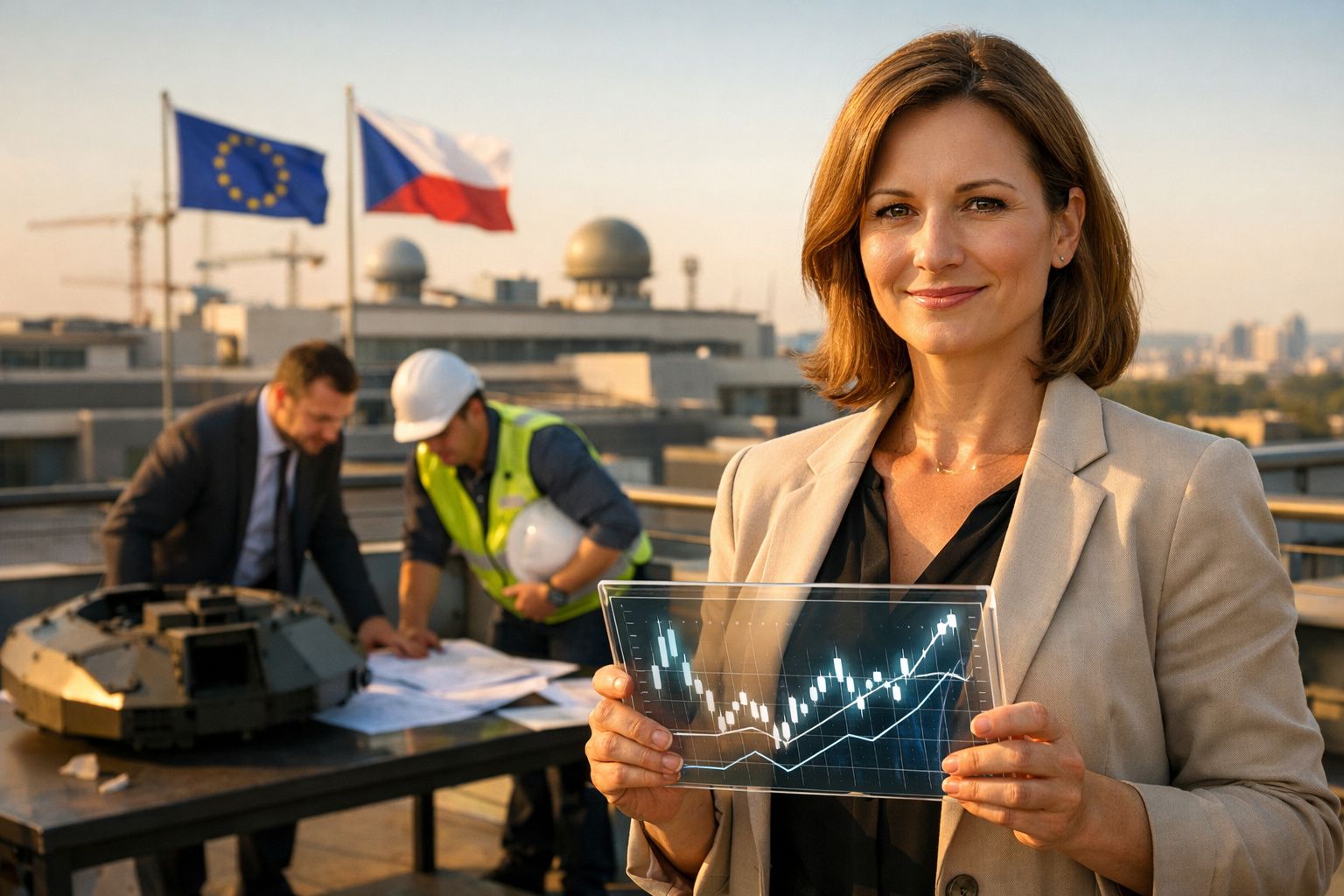 Mulher sorridente com casaco bege segura gráfico digital, enquanto dois homens analisam planos numa construção ao fundo.