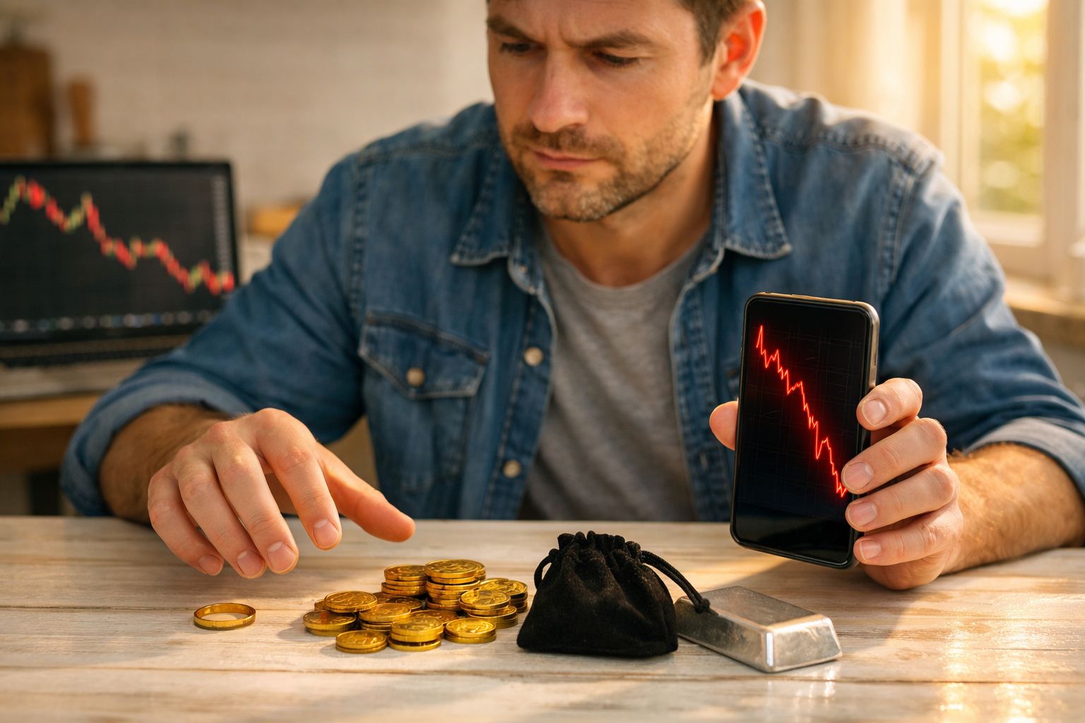 Homem preocupado mostra gráfico em queda no telemóvel enquanto conta moedas douradas numa mesa.