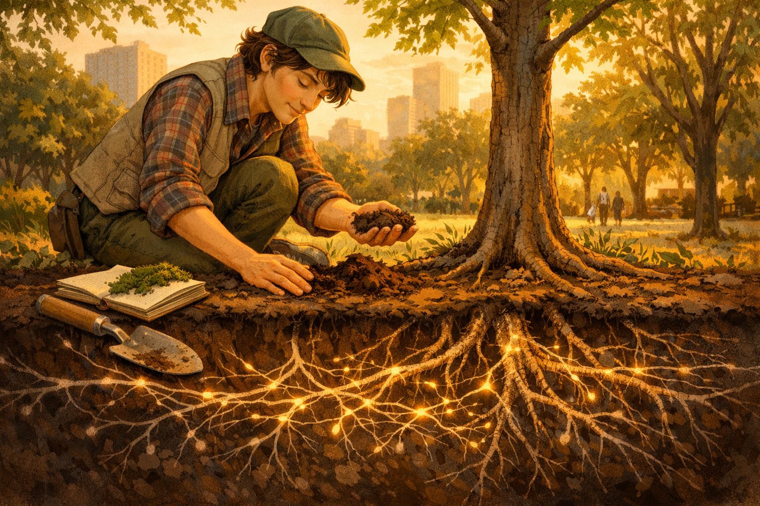 Pessoa a examinar terra junto a árvore com raízes iluminadas num parque urbano ao pôr do sol.