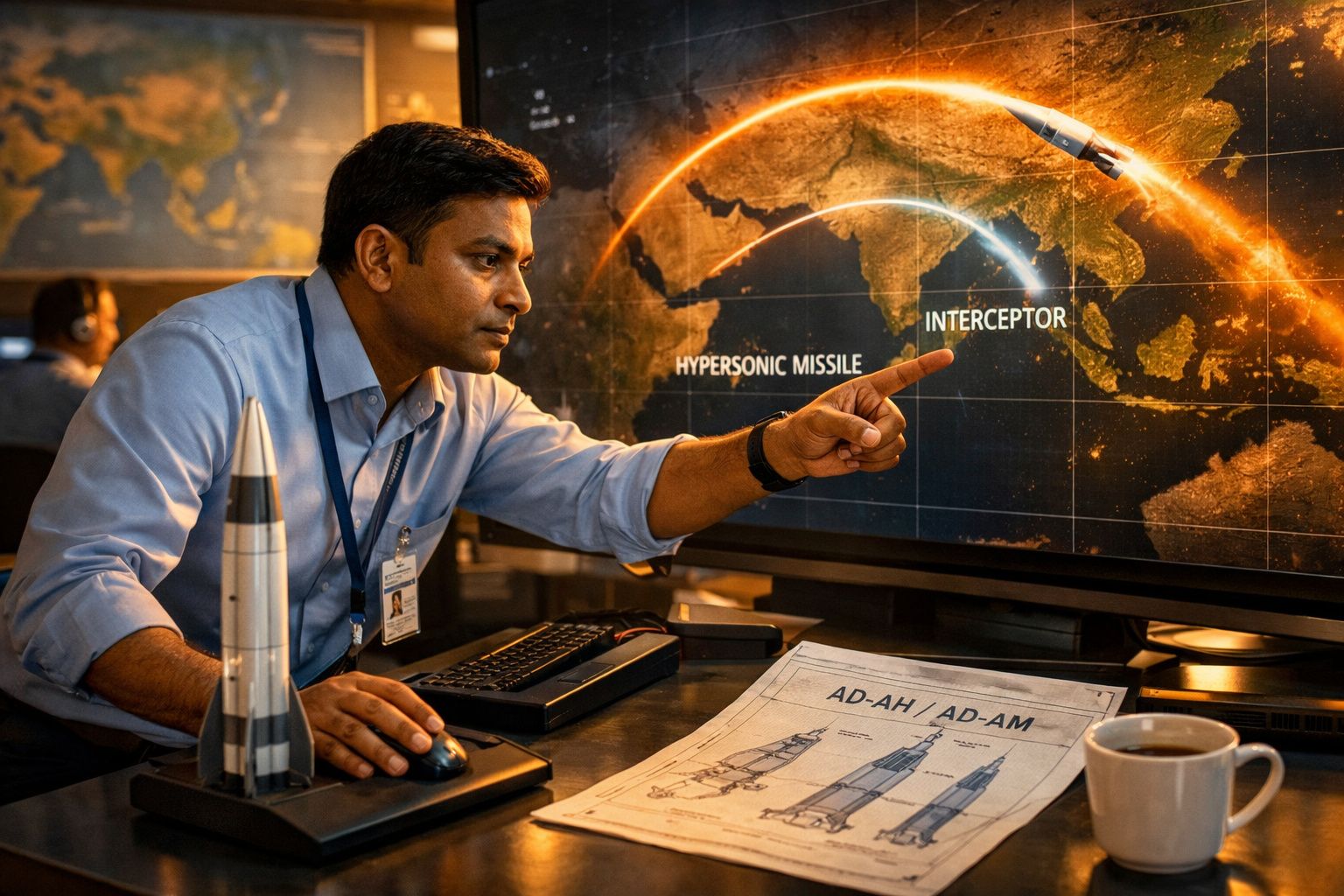 Homem olha e aponta para monitor com trajeto de míssil hipersónico e interceptador, sentado em mesa com maquete e desenhos.