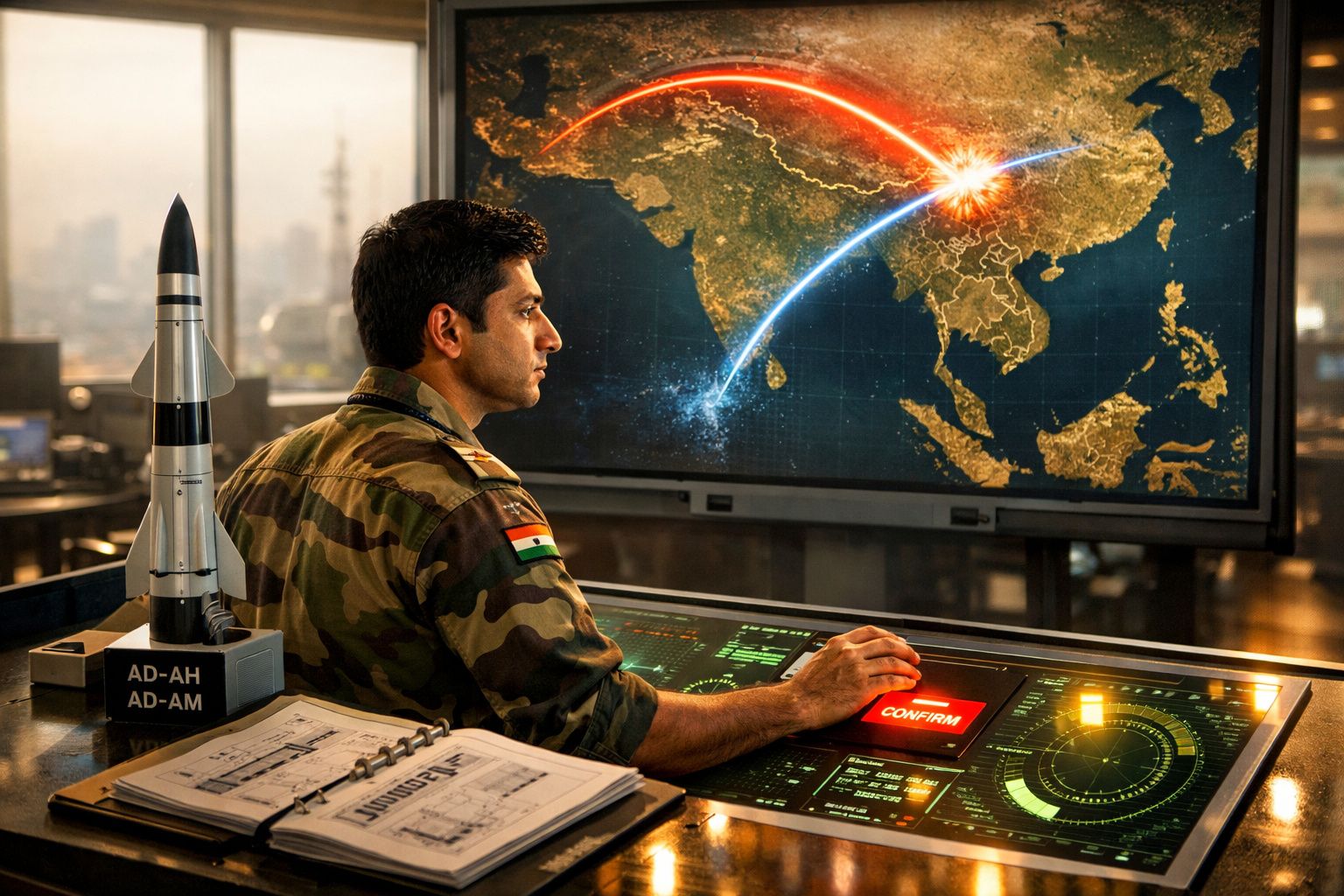 Militar indiano em uniforme, operando painel digital com mapa estratégico e modelo de míssil.