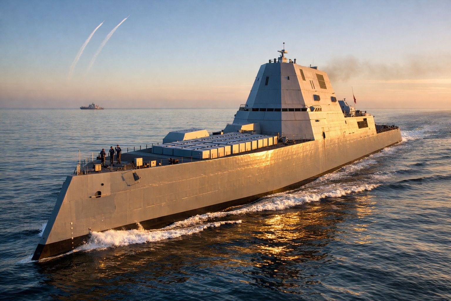 Navio militar moderno cinzento a navegar no mar durante pôr do sol com tripulantes no convés.