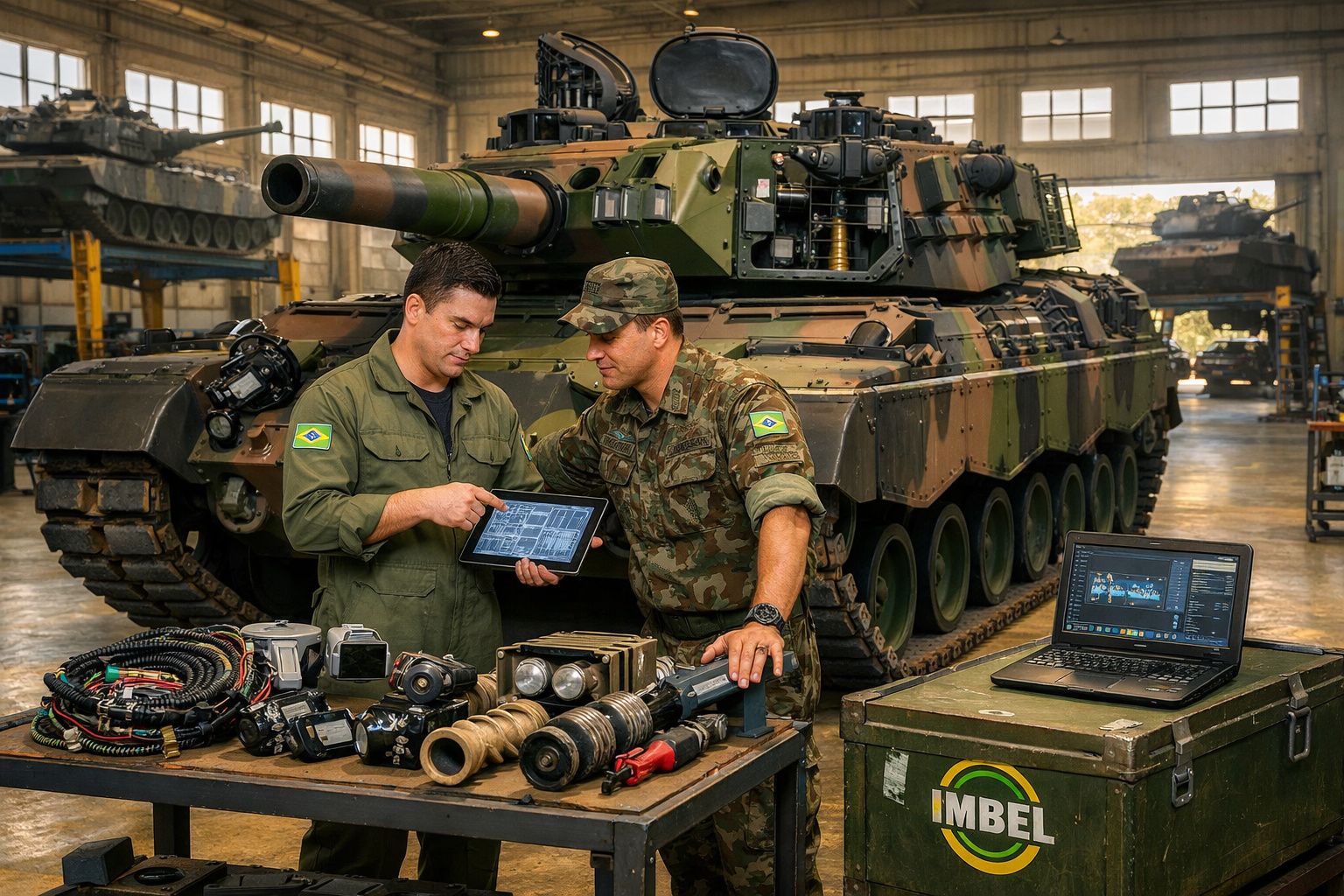 Dois militares brasileiros analisam peças e equipamentos com tanque no fundo numa oficina militar.