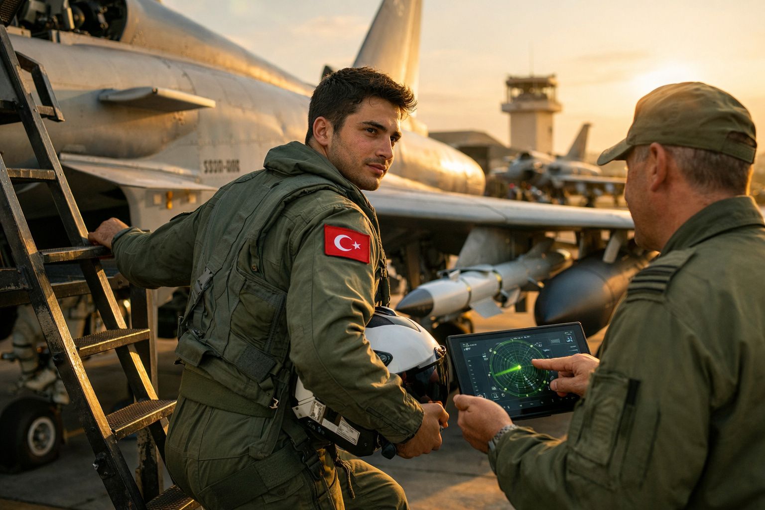 Dois militares turcos em frente a um avião de combate, um com capacete e outro segurando um tablet com radar.