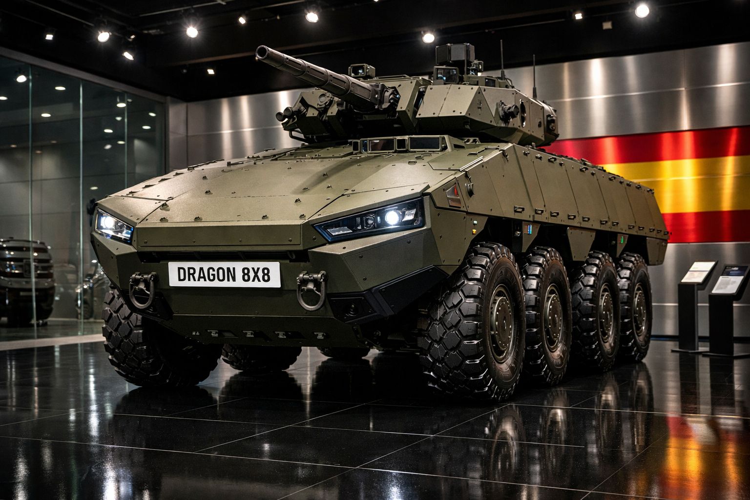 Veículo blindado de combate militar Dragon 8x8 verde exposto em museu com bandeira de Espanha ao fundo.