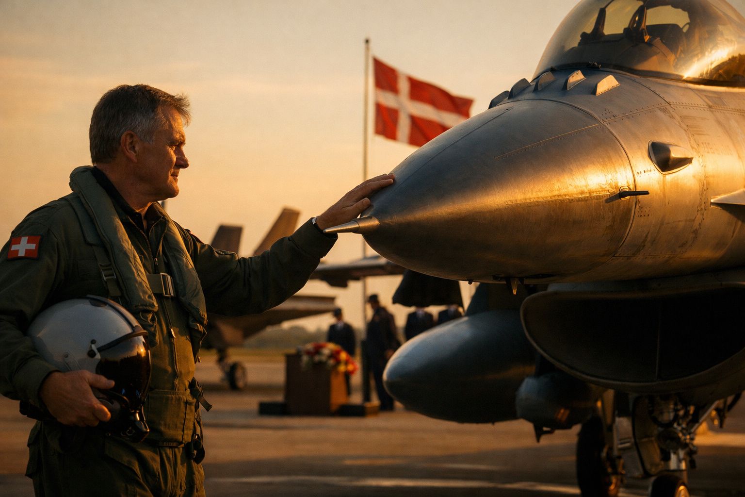 Piloto militar com fato verde toca o nariz de um caça ao pôr do sol, com bandeira da Suíça ao fundo.