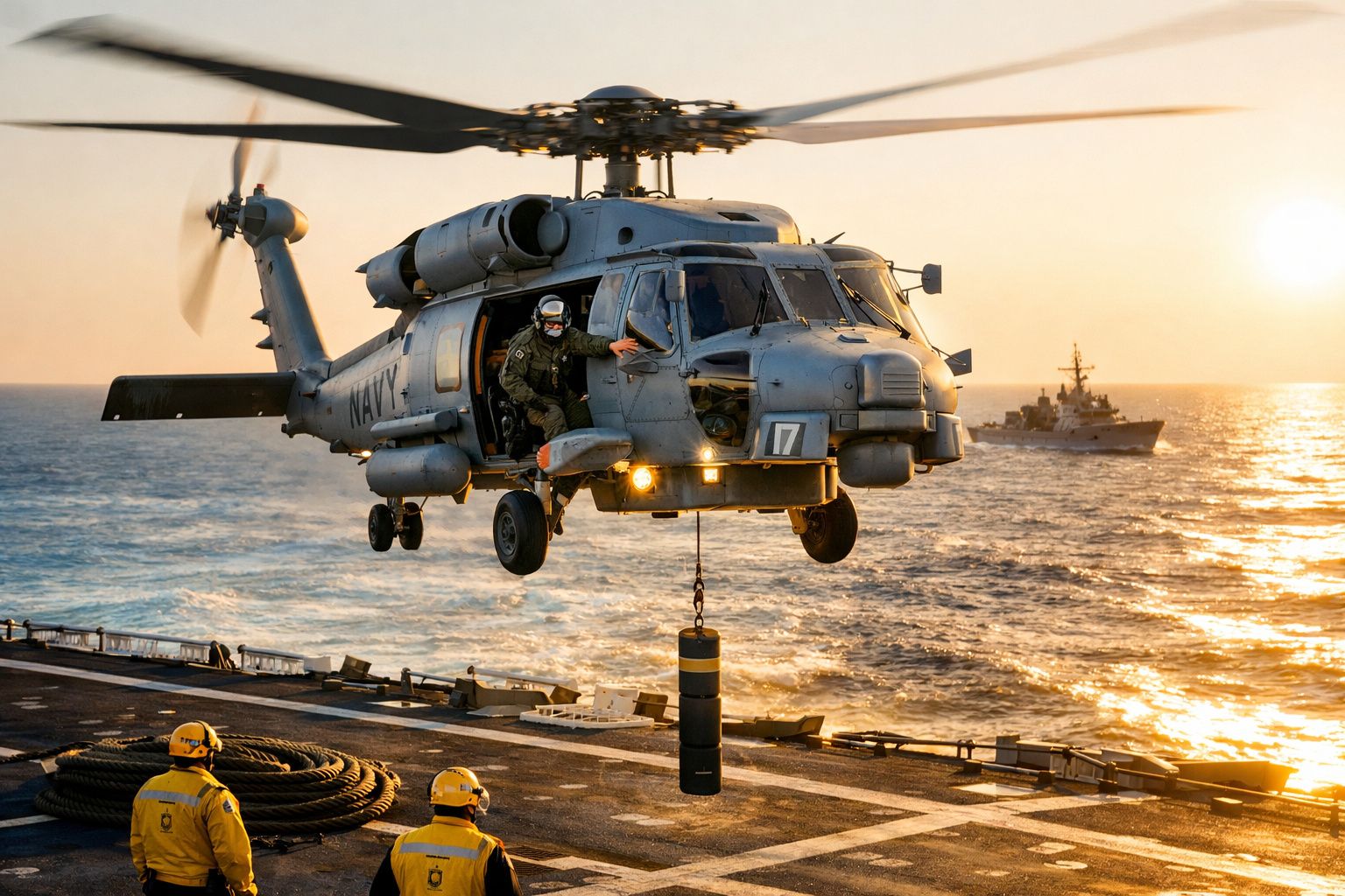 Helicóptero militar a pairar sobre navio no mar ao pôr do sol com tripulantes em ação.