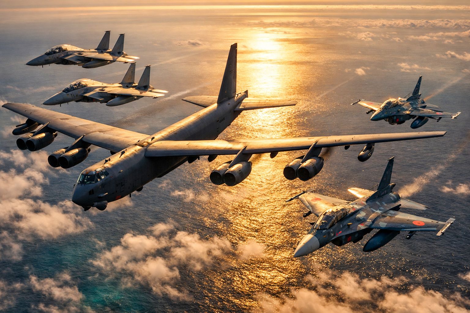 Formação de aviões militares de combate a voar sobre o oceano ao pôr do sol.