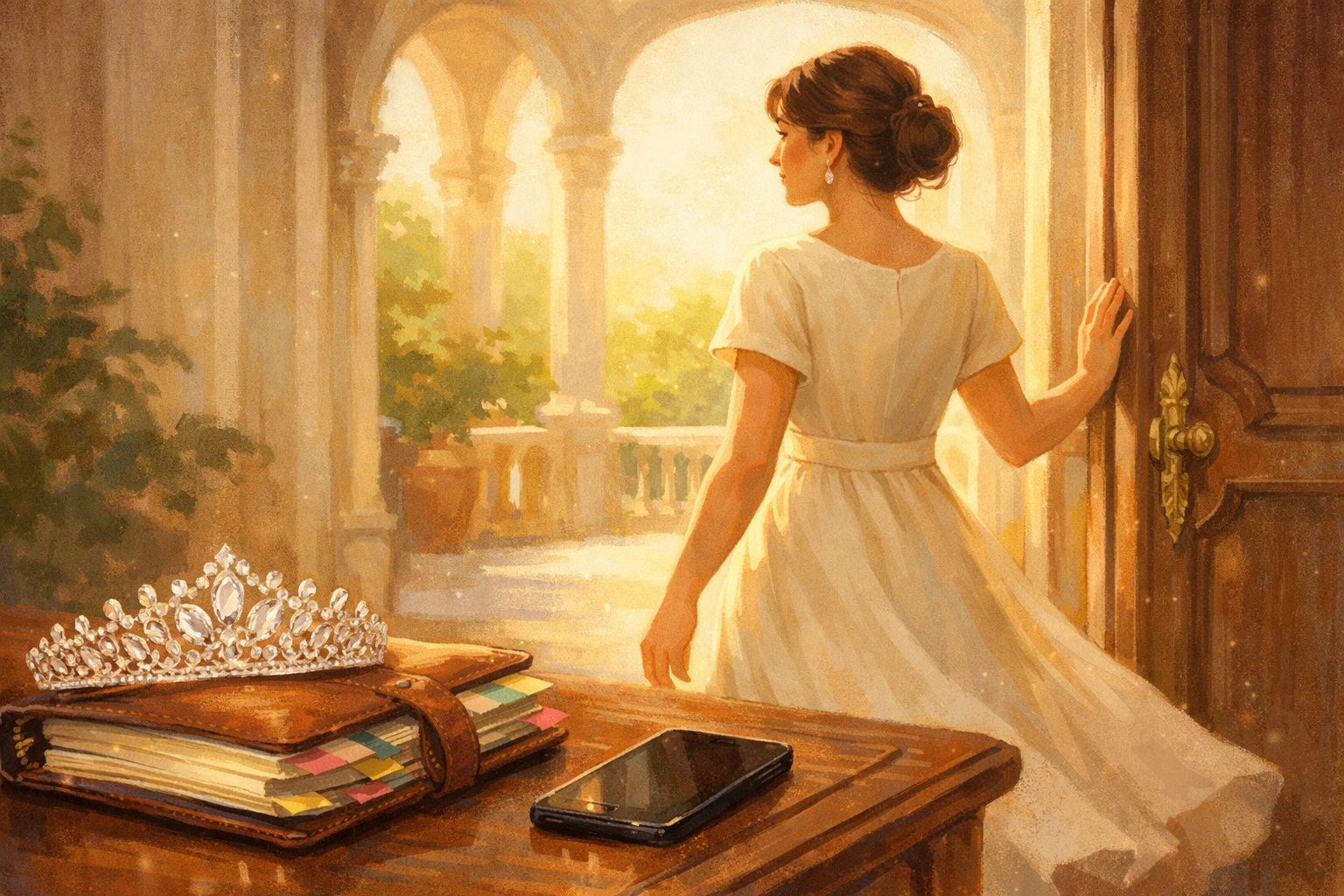 Mulher de vestido branco abre porta com mesa ao lado com coroa, livros e telemóvel num ambiente iluminado e antigo.